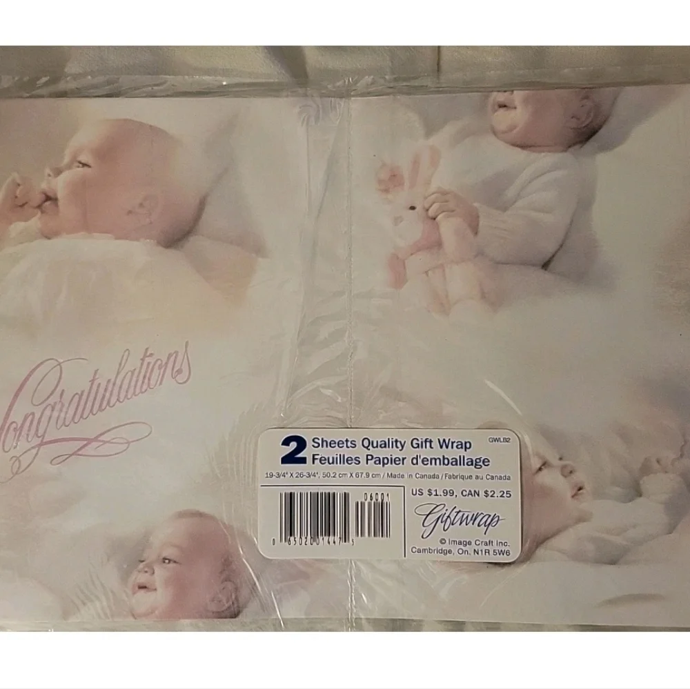 NEW 2 Vintage Congratulations Baby Shower Gift Wrapping Paper Art Deco MCM USA